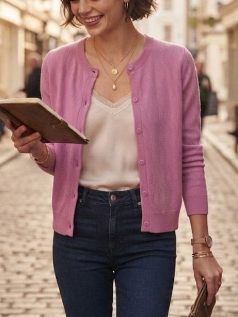 French Connection Raspberry Pink Textured Knit Button Up Cardigan Pullover - Picture 12 of 12